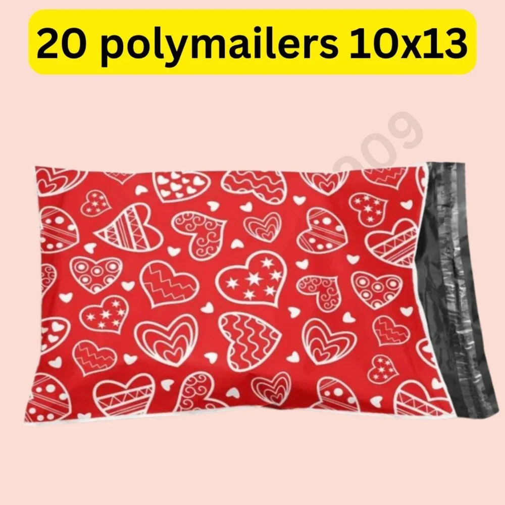 20 red heart Valentines theme poly mailers shipping bags size 10x13